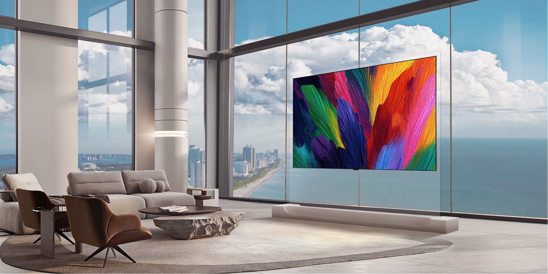 LG OLED evo AI W6 Wallpaper TV with a 9mm-range profile appears flush against a glass-walled high-rise living room, where its vibrant abstract display enhances spatial depth while preserving a clean, balanced interior aesthetic.