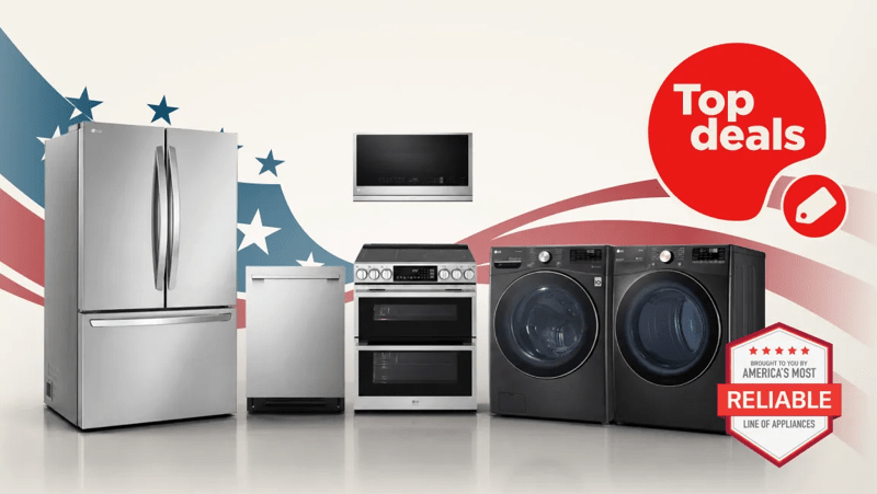 A group of LG home appliances on a stars and stripes background. “America’s Most Reliable Line of Home Appliances”, “LG Top Deals”. 