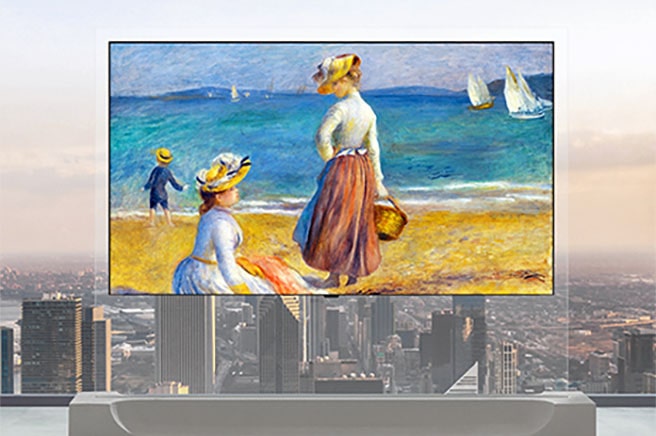 LG OLED evo AI W6 Wallpaper TV is shown in front of floor-to-ceiling windows, displaying a framed painting creating the appearance of artwork suspended within the living space.