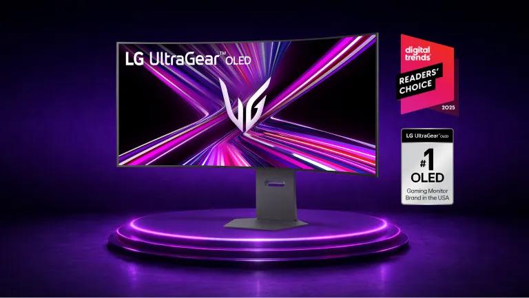 UltraGear Monitor on a futuristic background. “Digital Trends Readers’ Choice 2025” and “LG UltraGear OLED: #1 OLED Gaming Monitor Brand in the USA” badges.