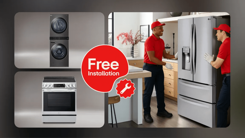 Various scenes with professionals installing LG appliances. “Free Installation” badge.