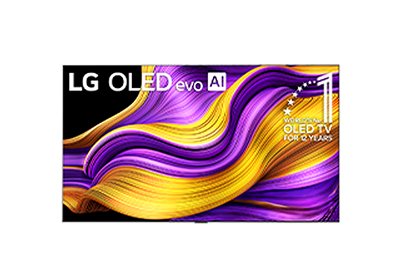 A front-facing image of an LG OLED evo G5 showing abstract yellow and purple shapes on the screen.