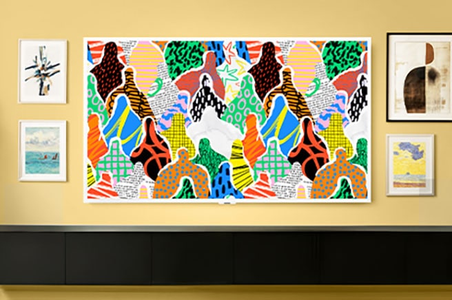 LG Gallery TV AI with frame LX7 ART TV showcases vibrant contemporary artwork within a framed design, reinforcing its identity as an art-centric display in a curated space.