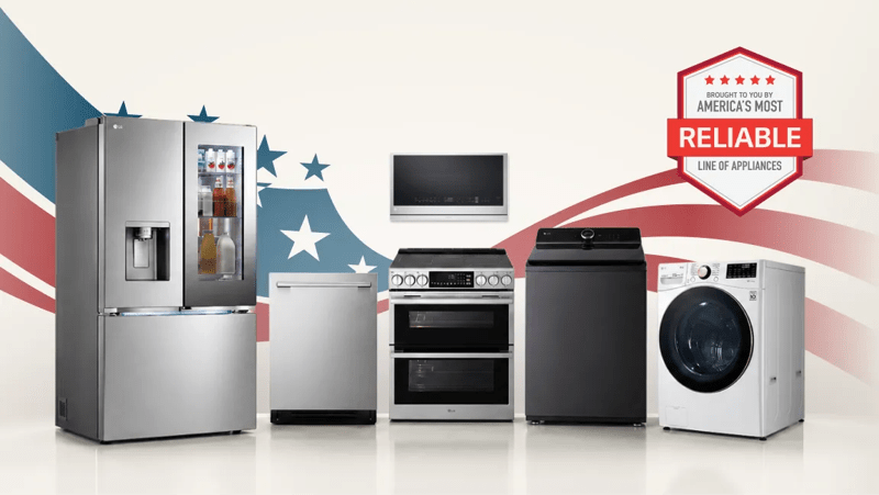  A group of LG home appliances on a stars and stripes background. “America’s Most Reliable Line of Home Appliances”.