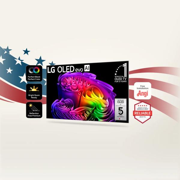 “Memorial Day Savings Event” title. An LG OLED TV appears on a stars and stripes background. “Angi Free Installation”, “America’s Most Reliable line of TVs”, “Perfect Black, Perfect Color”, “Bright Room Ready” and “Reflection Free Premium” badges. 