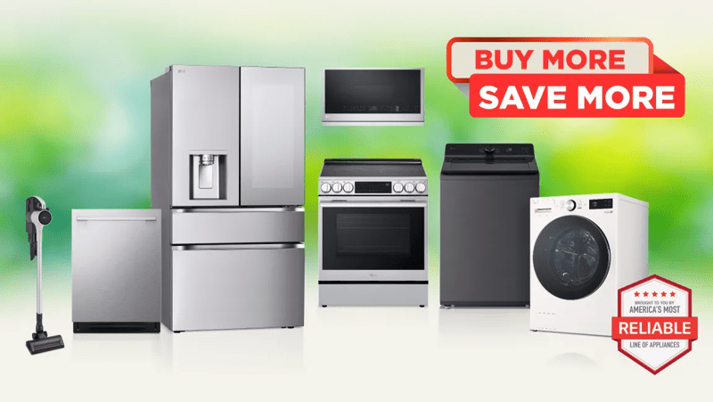 “Buy More Save More” title badge. A group of home appliances on spring themed background. “America’s Most Reliable Line of Home Appliances” badge.