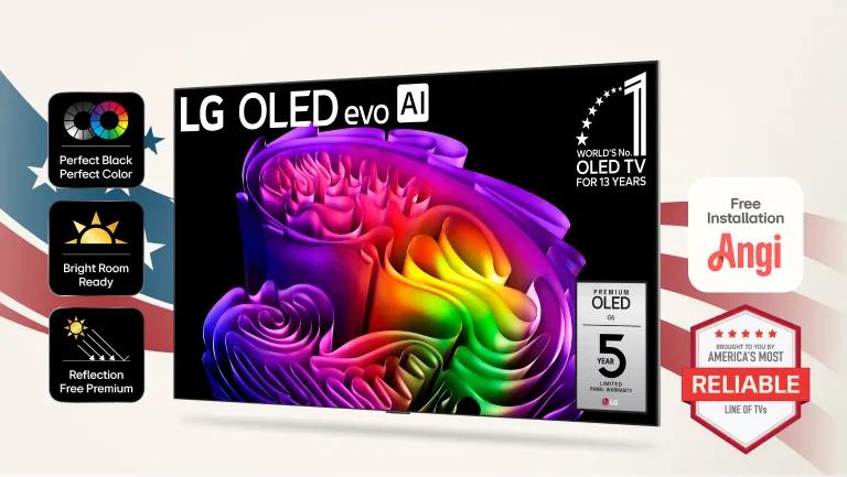 An LG OLED TV appears on a stars and stripes background. “Angi Free Installation”, “America’s Most Reliable line of TVs”, “Perfect Black, Perfect Color”, “Bright Room Ready” and “Reflection Free Premium” badges.