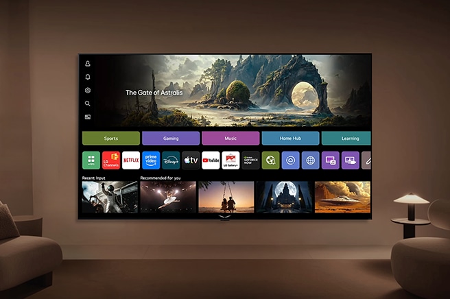 LG TV as an AI TV displays a home screen in a living space, showcasing apps like LG Channels and Netflix alongside recommended content, while the interface highlights direct access to hundreds of entertainment options.