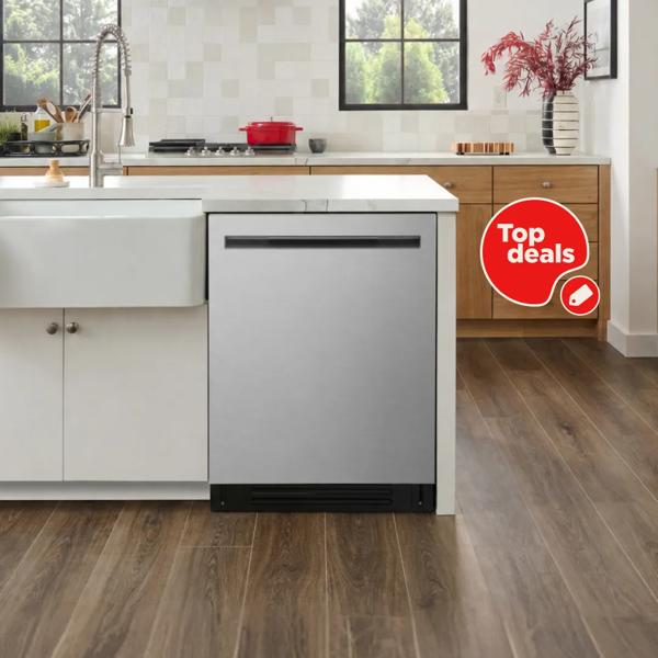 An LG top control dishwasher in a stylish kitchen setting. “Top Deals”, badge. 