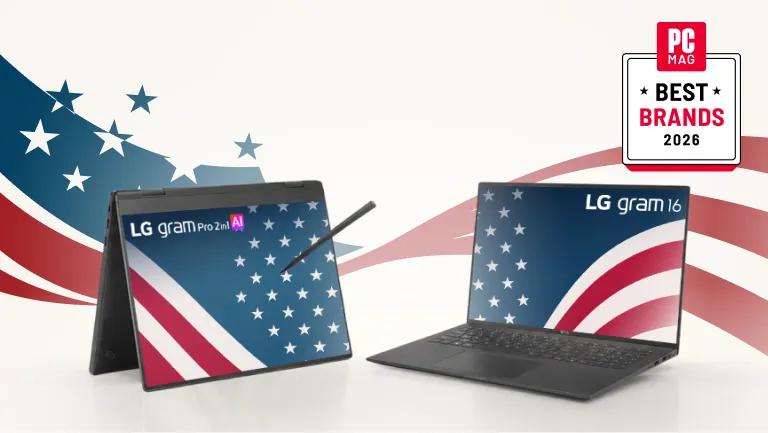 2 LG gram laptops appear on a stars and stripes background. “PC Mag Best Brands” badge.