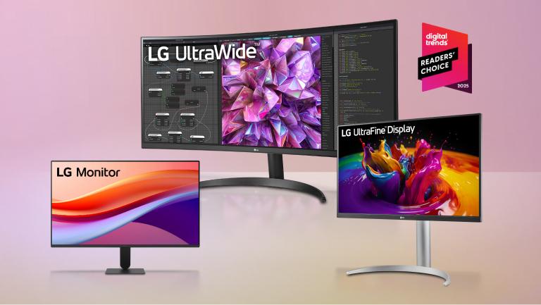 A group of LG Monitors on a pastel background. “Digital Trends Readers’ Choice 2025” badge.