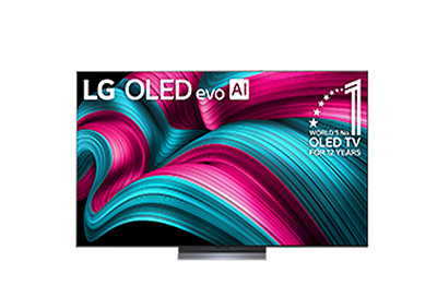 A front-facing image of an LG OLED evo C5 showing abstract pink and teal shapes on the screen.
