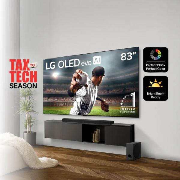 “Tax to Tech Season” title badge. A baseball scene plays out on an LG OLED TV in a stylish living room setting. 