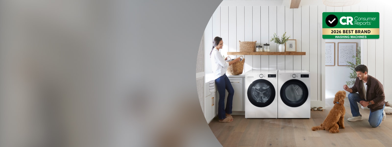 LG front-load washer and dryer in a laundry room with two people and a dog, featuring CR Consumer Reports 2026 BEST BRAND WASHING MACHINES badge.