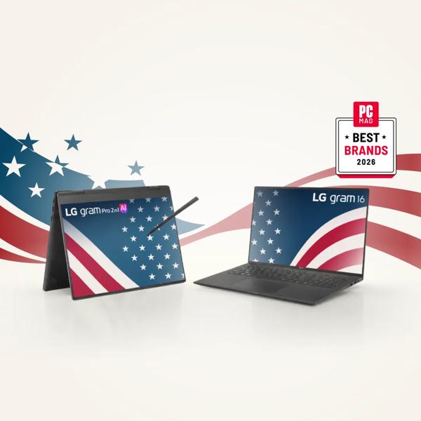 “Memorial Day Savings Event” title badge. 2 LG gram laptops appear on a stars and stripes background. “PC Mag Best Brands 2026” badge. 