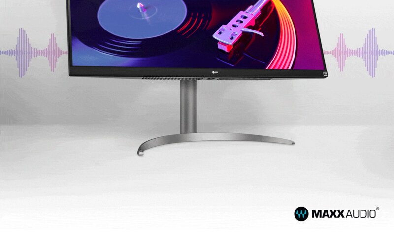 Image shows the bottom of an LG UltraWide computer monitor with animated sound waves eminating from the monitor