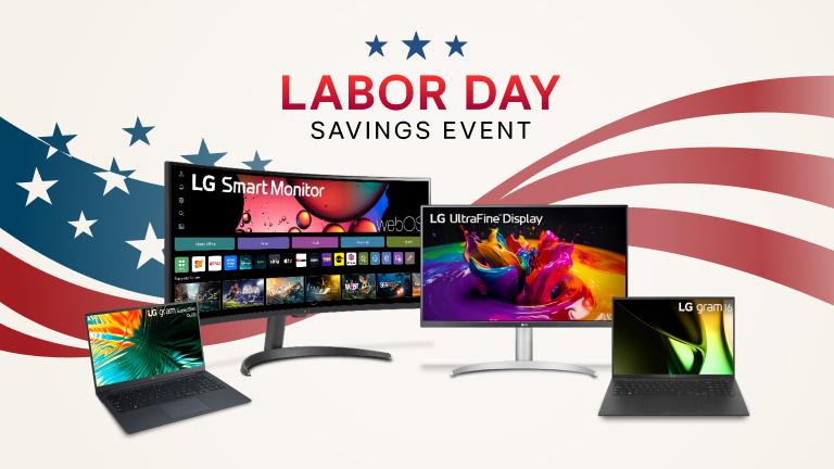 “Labor Day Savings Event” title badge. Various LG laptops and monitors appear on a stars and stripes background. 