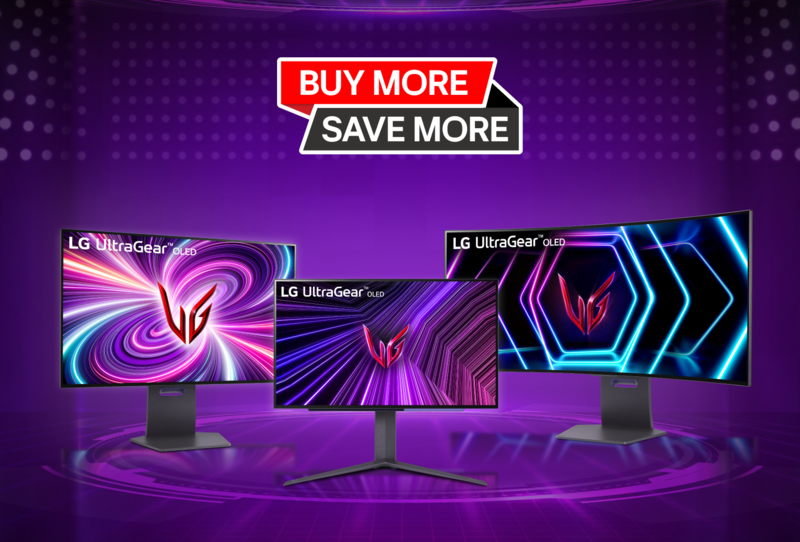 A promotional banner showcasing three LG UltraGear OLED gaming monitors against a futuristic purple background with a bold text "BUY MORE SAVE MORE".