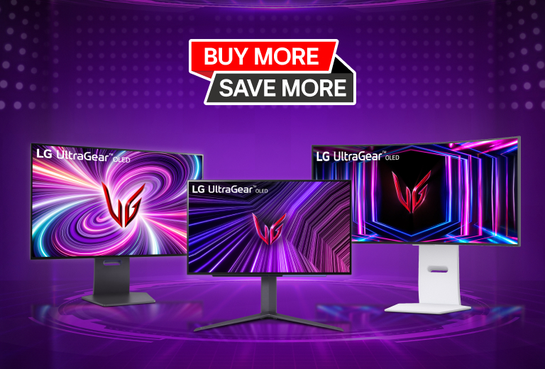 A promotional banner showcasing three LG UltraGear OLED gaming monitors against a futuristic purple background with a bold text "BUY MORE SAVE MORE".