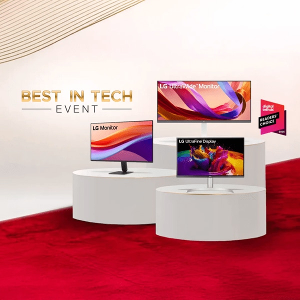 “Best in Tech Event” title badge. A group of various LG monitors on a red carpet. “Digital Trends Readers’ Choice 2025” badge.