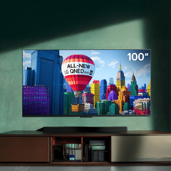 An LG QNED TV prominently displayed in living room setting.