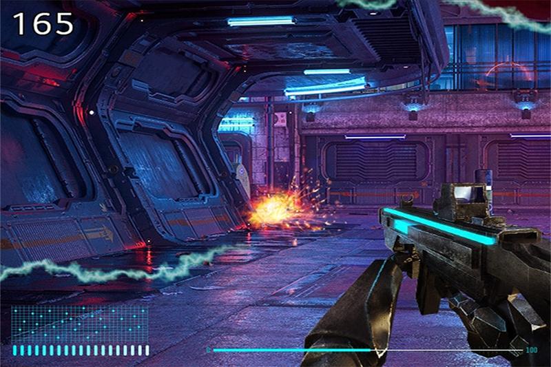 Futuristic corridor with a sci-fi weapon visible in the foreground, and an explosion in the mid-ground.