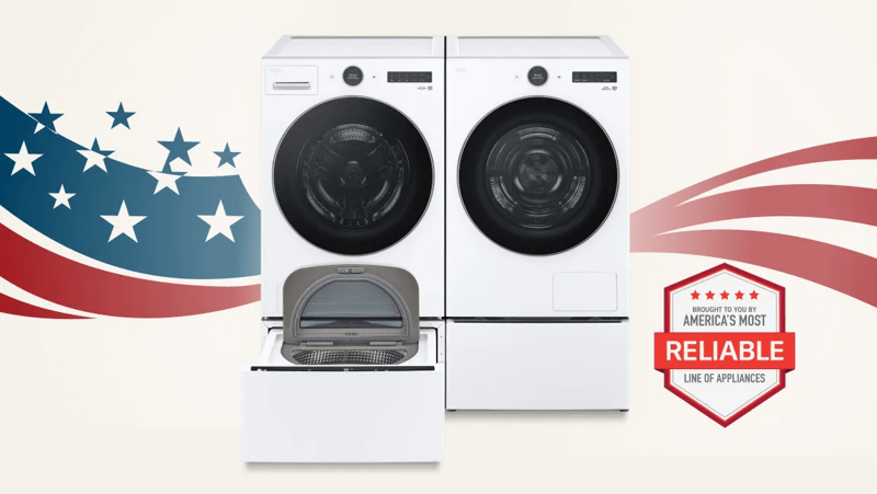  A group of LG home appliances on a stars and stripes background. “America’s Most Reliable Line of Home Appliances” badge. 