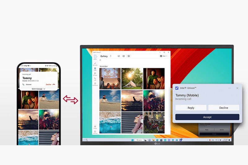 Smartphone and desktop monitor displaying synchronized image galleries and a call notification from Tommy.