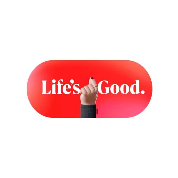 “Life’s Good.” logo and text appear on a white background as a 3D hand displays the “heart” sign in the center.