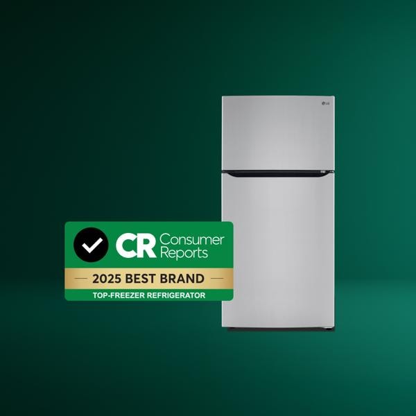 On a green gradient background, an LG refrigerator with a badge that says “Consumer Reports 2025 Best Brand Top-Freezer Refrigerator”.