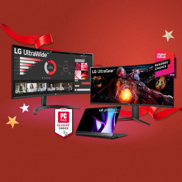 “It’s gift season” badge. Opened and unopened gift boxes appear in a cluster. Various boxes display LG Monitors and gram laptop. “Digital Trends Readers’ Choice Best Monitor Brand 2025” and “PC MAG Readers’ Choice Top Laptop Brand for 2025” badges.
