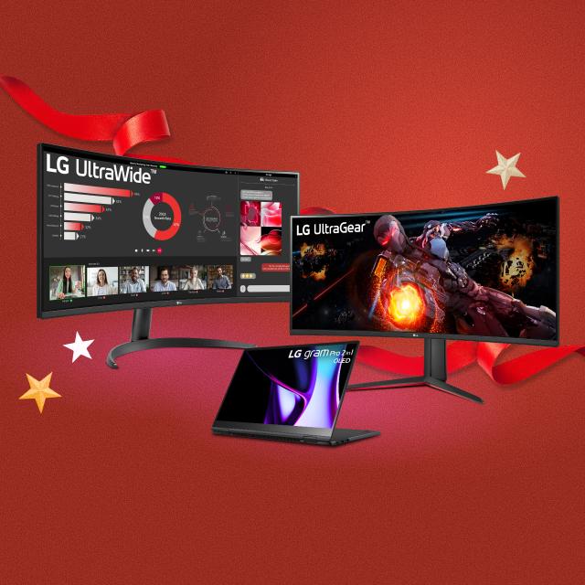 “It’s gift season” badge. Opened and unopened gift boxes appear in a cluster. Various boxes display LG Monitors and gram laptop.