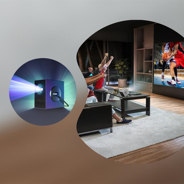 An LG projector sits in a circular graphic. On the right, a lifestyle shot of people in a modern living room cheering as they watch a basketball game projected on the wall.