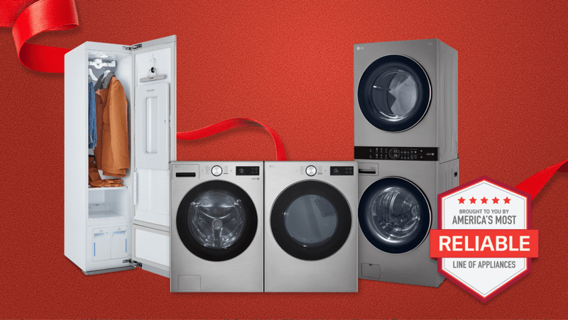 Various LG laundry appliances on a holiday-themed background. “America’s Most Reliable Line of Home Appliances” badge. 
