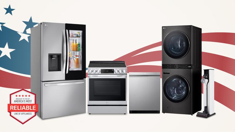 A group of LG home appliances in front of graphic of American Flag. “America’s Most Reliable Line of Home Appliances” badge below.