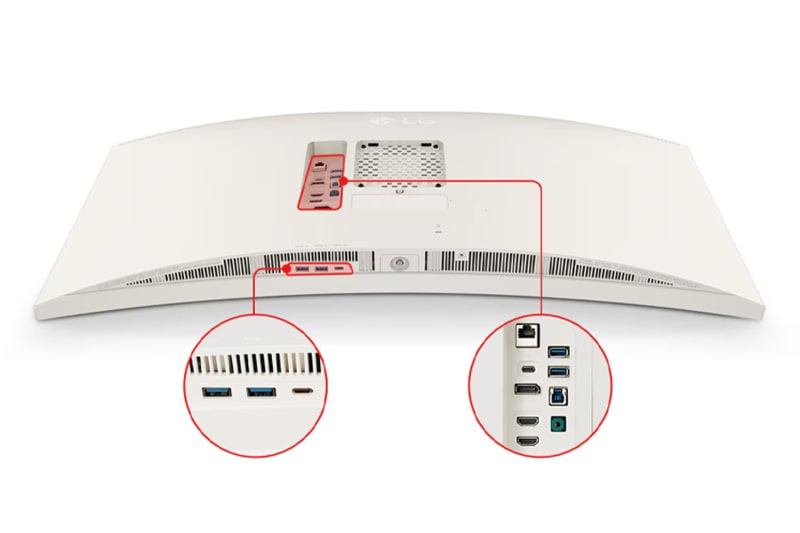 Back view of a curved LG monitor showing multiple USB, HDMI, and Ethernet ports.