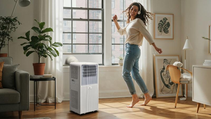 An LG air conditioner in a living room setting with a young woman dancing happily beside it.
