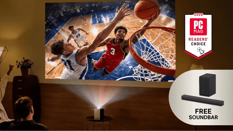 A group of friends watch a basketball screen with an LG projector from a living room. “Free Soundbar” pop-out text. “2026 PC MAG Readers’ Choice” badge.