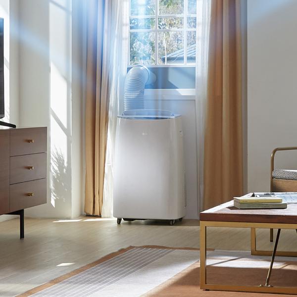 A portable air conditioner appears in a bright living room.