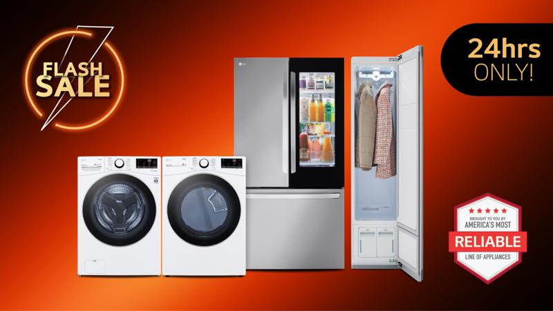 2 badges reading “Flash Sale” and “24 Hours Only” appear above a group of LG appliances on an orange and black background. 