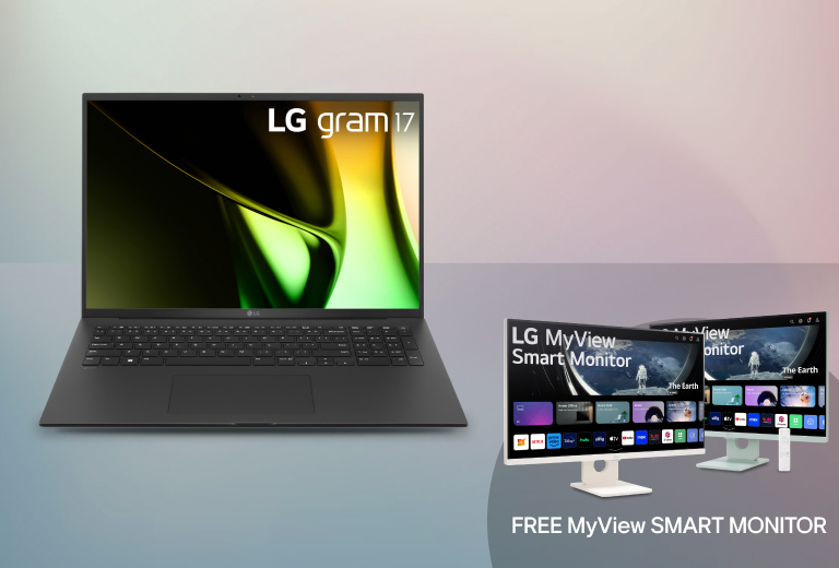 A LG Gram laptop positioned next to two FREE MyView Smart Monitors, showcasing a promotion.