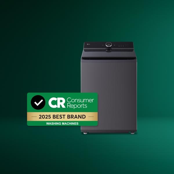 An LG top load washing machine on a green gradient background with a badge that says “Consumer Reports 2025 Best Brand Washing Machines.”