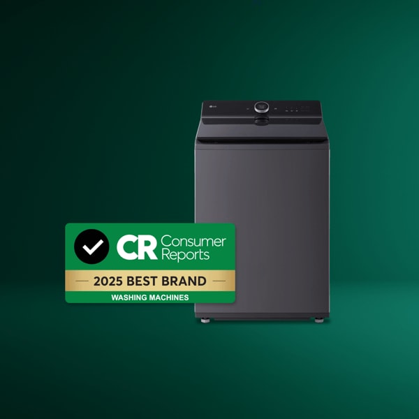 An LG top load washing machine on a green gradient background with a badge that says “Consumer Reports 2025 Best Brand Washing Machines.”