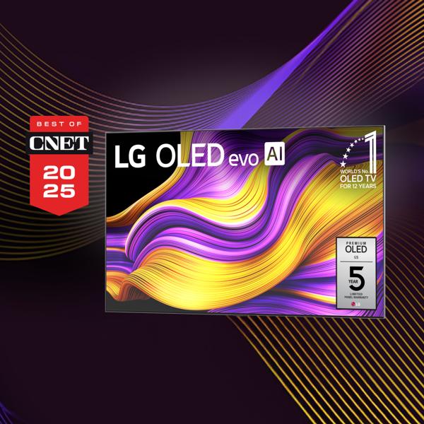 An LG OLED TV appears on a multi-color background. “Best of CNET 2025” badge.