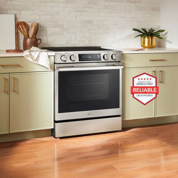An LG Induction Range appears in a bright kitchen setting.