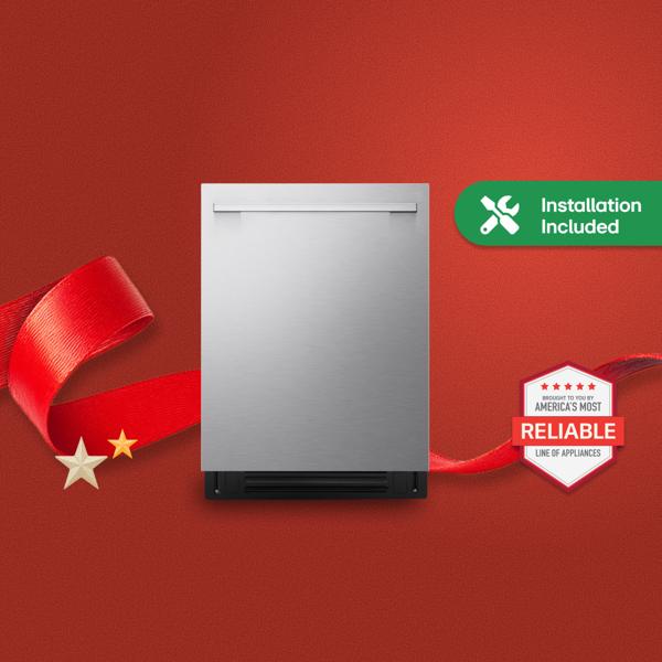 “It’s Gift Season” tag. An LG dishwasher and various holiday-themed items appear in a gift box collage layout. “Installation Included” text. “America’s Most Reliable Line of Home Appliances” badge.