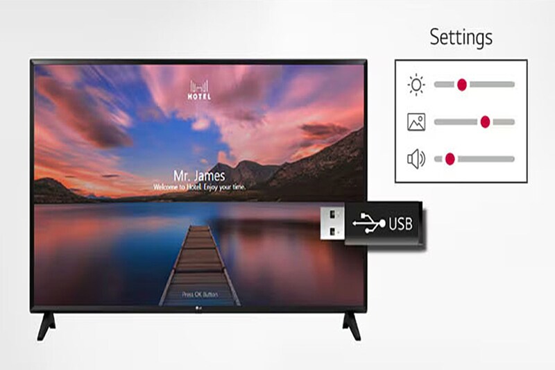 A television displaying a scenic lake view with a hotel's welcome message, alongside a "Settings" panel with sliders for brightness, contrast, and volume.