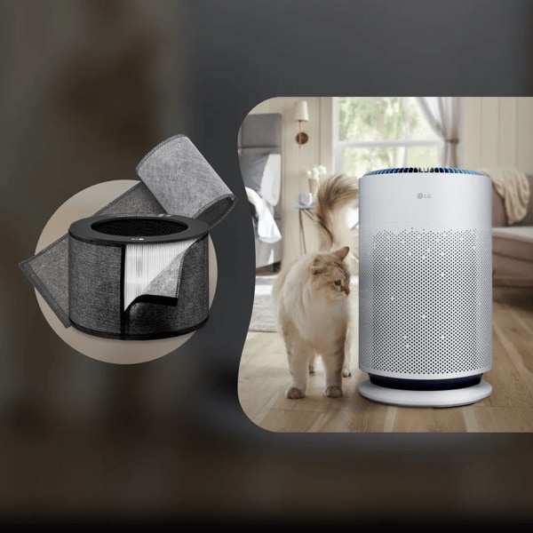 A cat stands next to an air purifier in a living room.