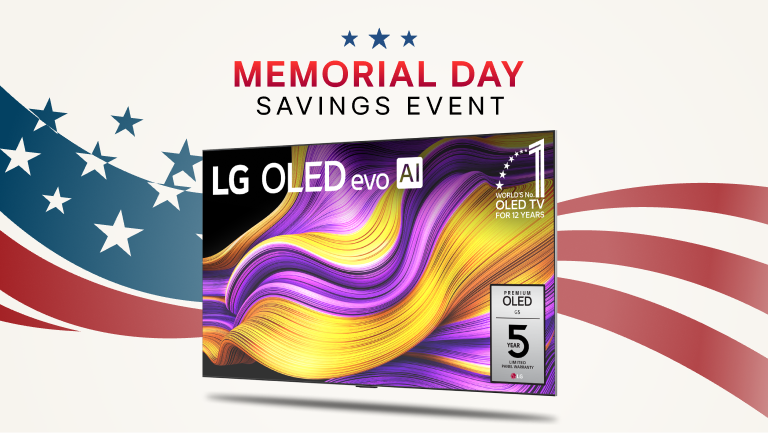 ”Memorial Day Savings Event” title badge. An OLED TV appears with an infill badge reading “World’s No. 1 OLED TV for 12 Years” and another badge for a “Premium OLED G5 5-Year Limited Panel Warranty. A stars and stripes design appears in the background.