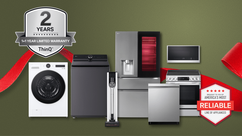 “It’s Gift Season” tag. Various LG appliances and holiday-themed items appear in a gift box collage layout.  “America’s Most Reliable Line of Home Appliances” badge. “ThinQ 2 Years 1+1 Year Limited Warranty” badge.
